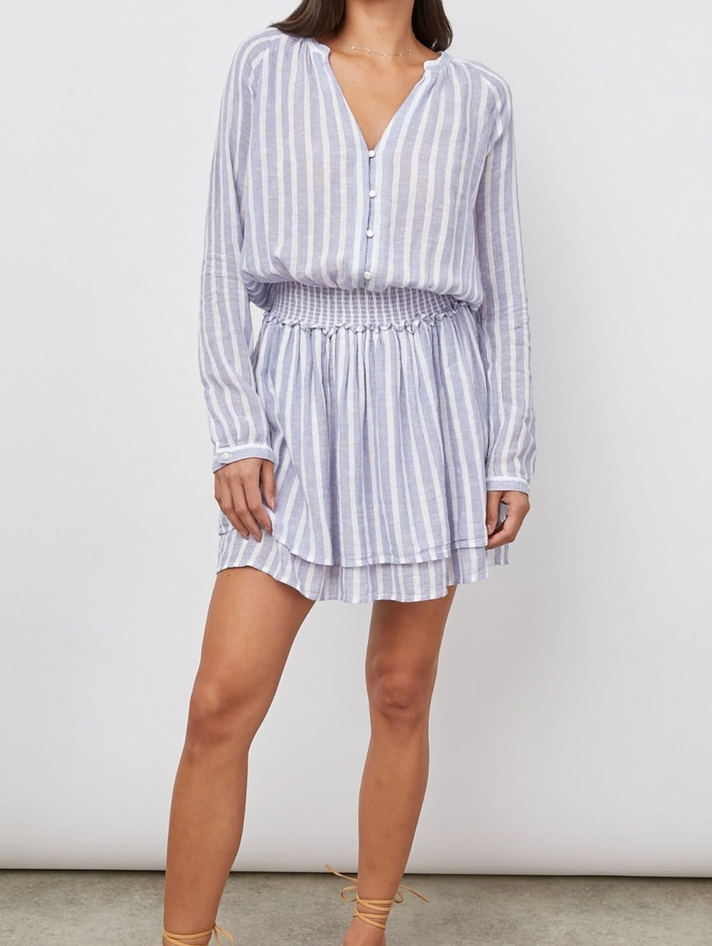 RAILS L Jasmine Mini Dress Marine Stripe Linen Blend Smocked Blue White $218